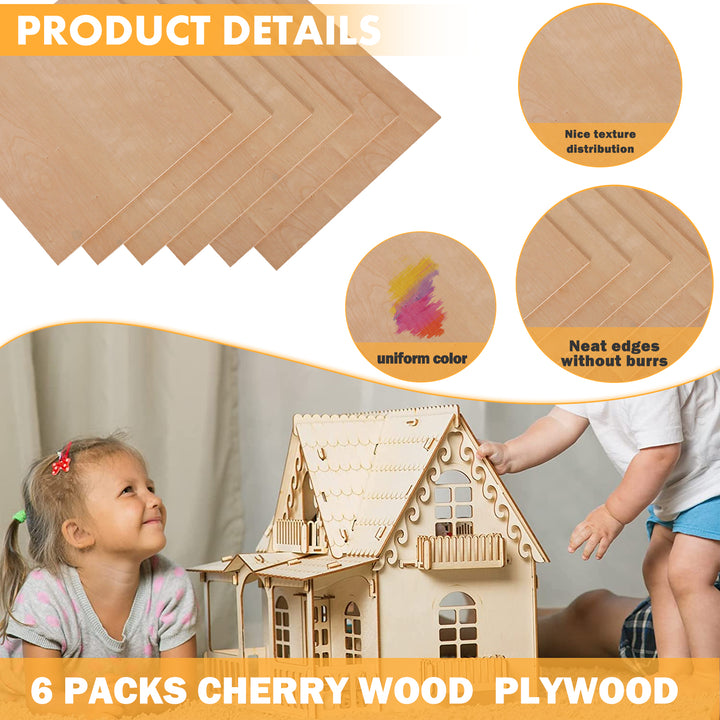 Cherry Plywood 30 PCS, 1/8 Thin Wood Sheets 12 x 12 A/B Grade Cherry  Unfinished Wood for Crafts, Laser Cutting & Engraving, Painting, Unfinished