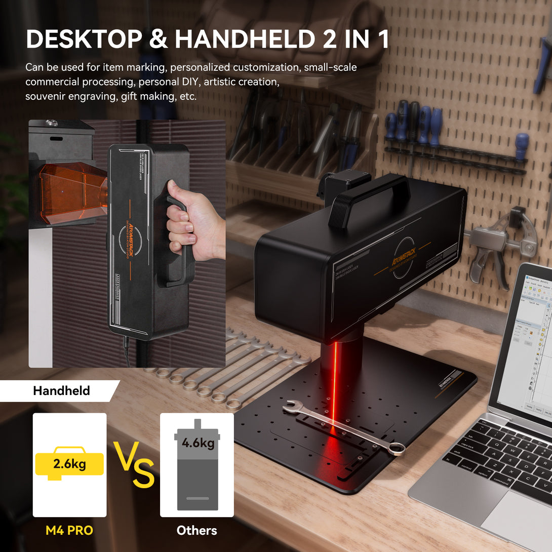  A photo displays the M4 Pro weighing 2.6kg, making it lighter than other models and allowing it to be used not only on a tabletop, but also for hand-held engraving.
