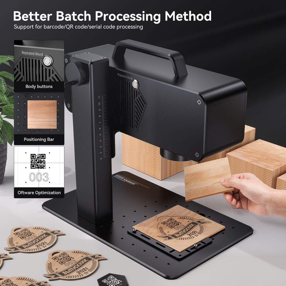 Several finished engraving project created with the Atomstack M4 Pro, displaying intricate and precise details on a wooden plaque. The image emphasizes the machine's high-quality barcode, qr code and serial code processing.