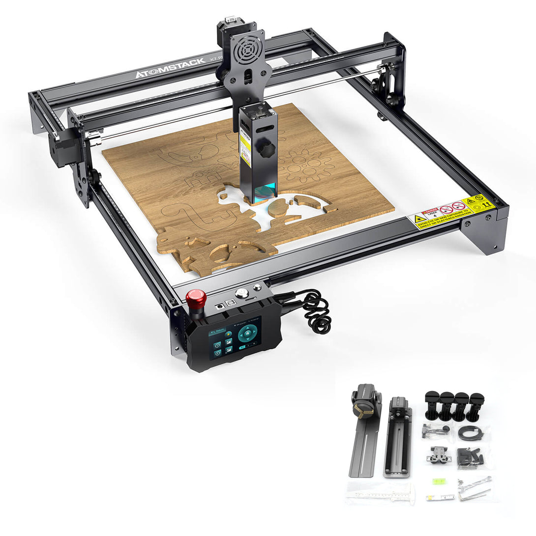A picture of the Atomstack X7 Pro laser engraving machine with the R1 Pro rotary device. The X7 Pro laser engraver pictured here is used in conjunction with the R1 Pro rotary attachment, which is designed for engraving cylindrical objects. This combination offers increased versatility and a better price for a variety of engraving projects.